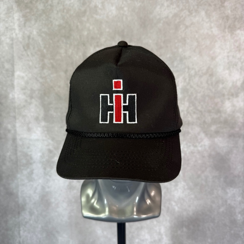 International Harvester Snapback Hat Men OSFM Black Solid IH Logo Rope Detail